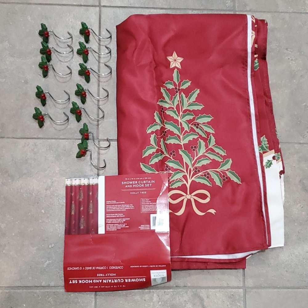 Christmas tree shower curtain and hooks
